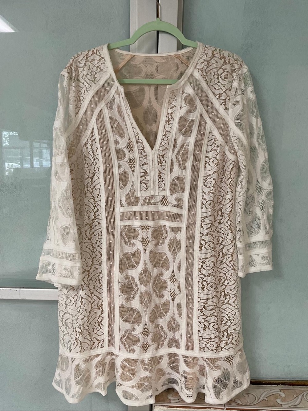 BCBGMaxAzria White Lace V-Neck Sheer Cover-Up Dress - Picture 2 of 8